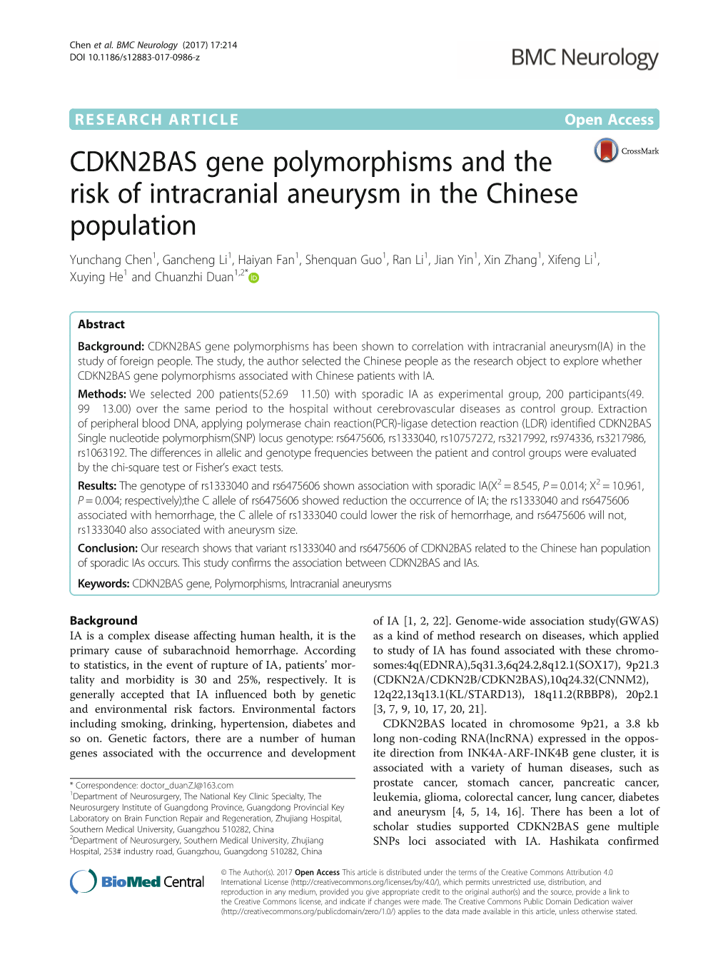 CDKN2BAS Gene Polymorphisms and the Risk of Intracranial Aneurysm In