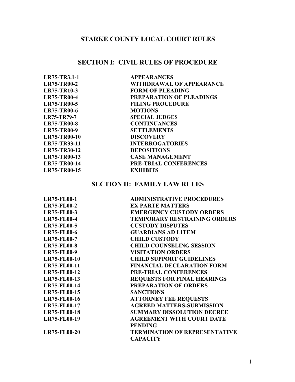 Starke County Local Court Rules Section I: Civil Rules of Procedure