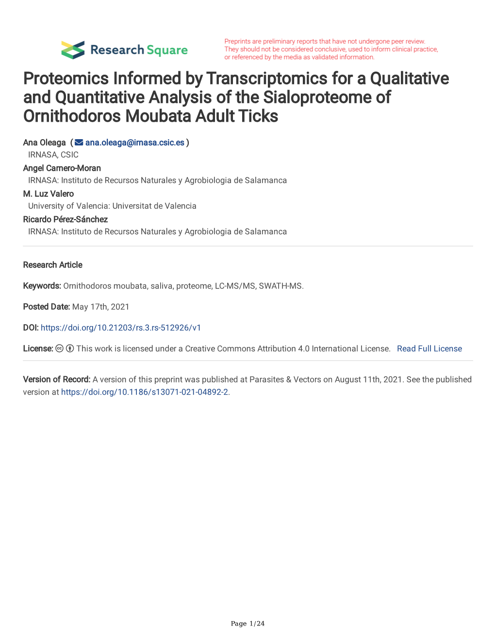 Proteomics Informed by Transcriptomics for a Qualitative and Quantitative Analysis of the Sialoproteome of Ornithodoros Moubata Adult Ticks