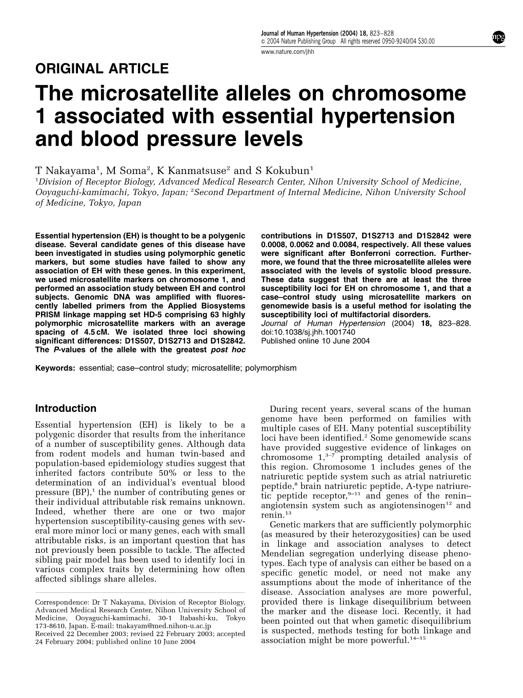 The Microsatellite Alleles on Chromosome 1 Associated with Essential Hypertension and Blood Pressure Levels