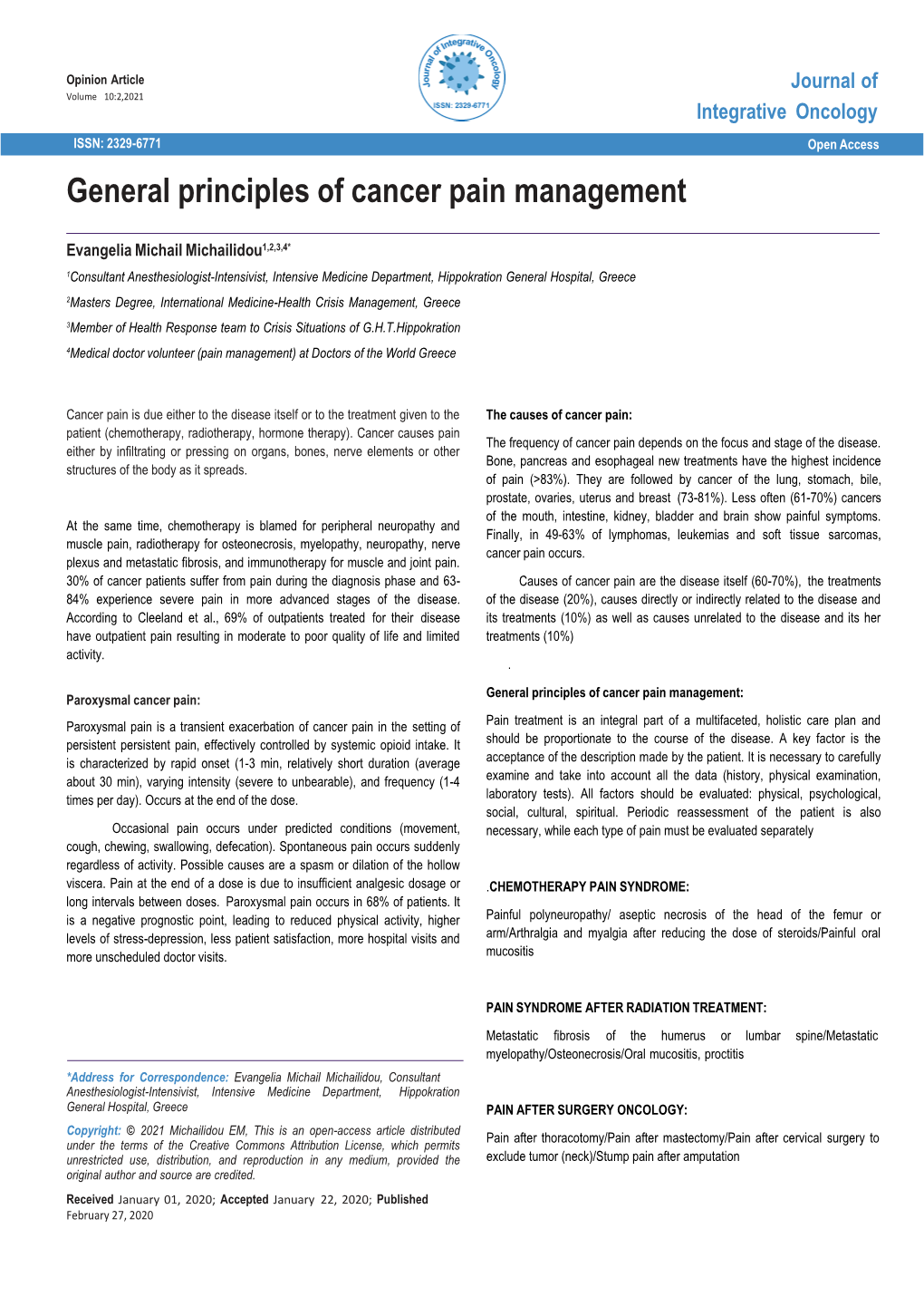 General Principles of Cancer Pain Management