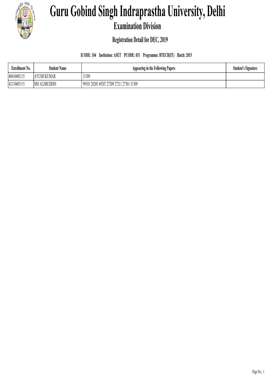 Guru Gobind Singh Indraprastha University, Delhi Examination Division Registration Detail for DEC, 2019