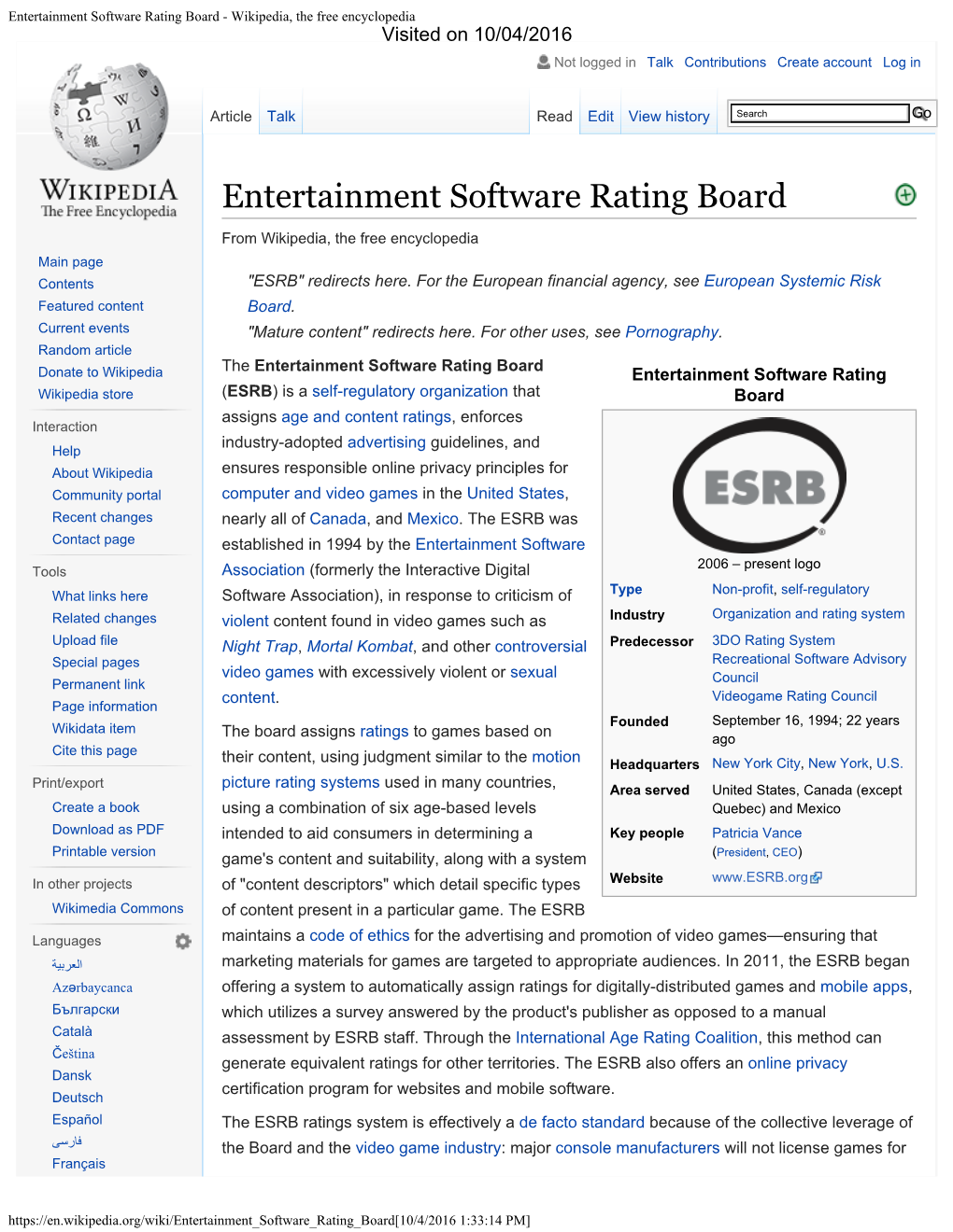 Entertainment Software Rating Board - Wikipedia, the Free Encyclopedia Visited on 10/04/2016 Not Logged in Talk Contributions Create Account Log In