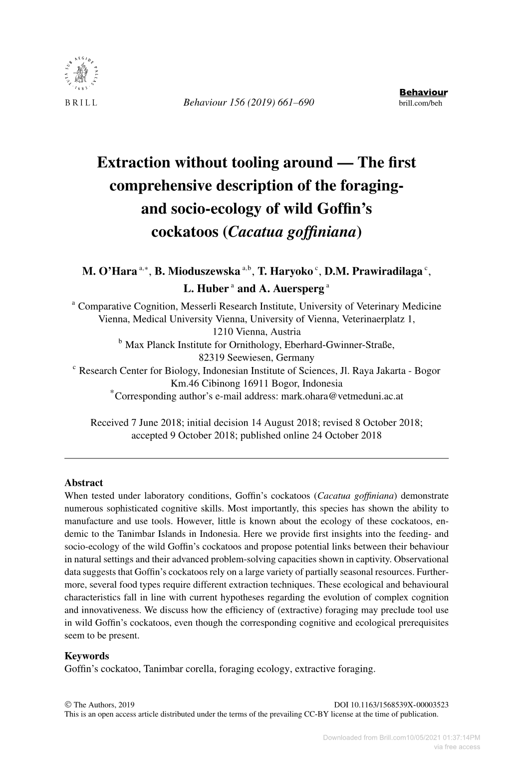 And Socio-Ecology of Wild Goffin's Cockatoos (Cacatua Goffiniana)