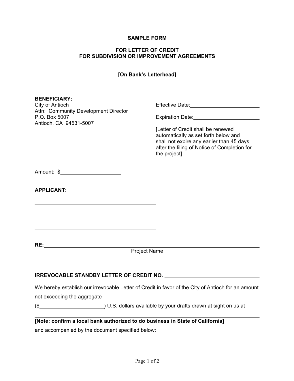 Letter of Credit for Subdivision Or Improvement Agreements