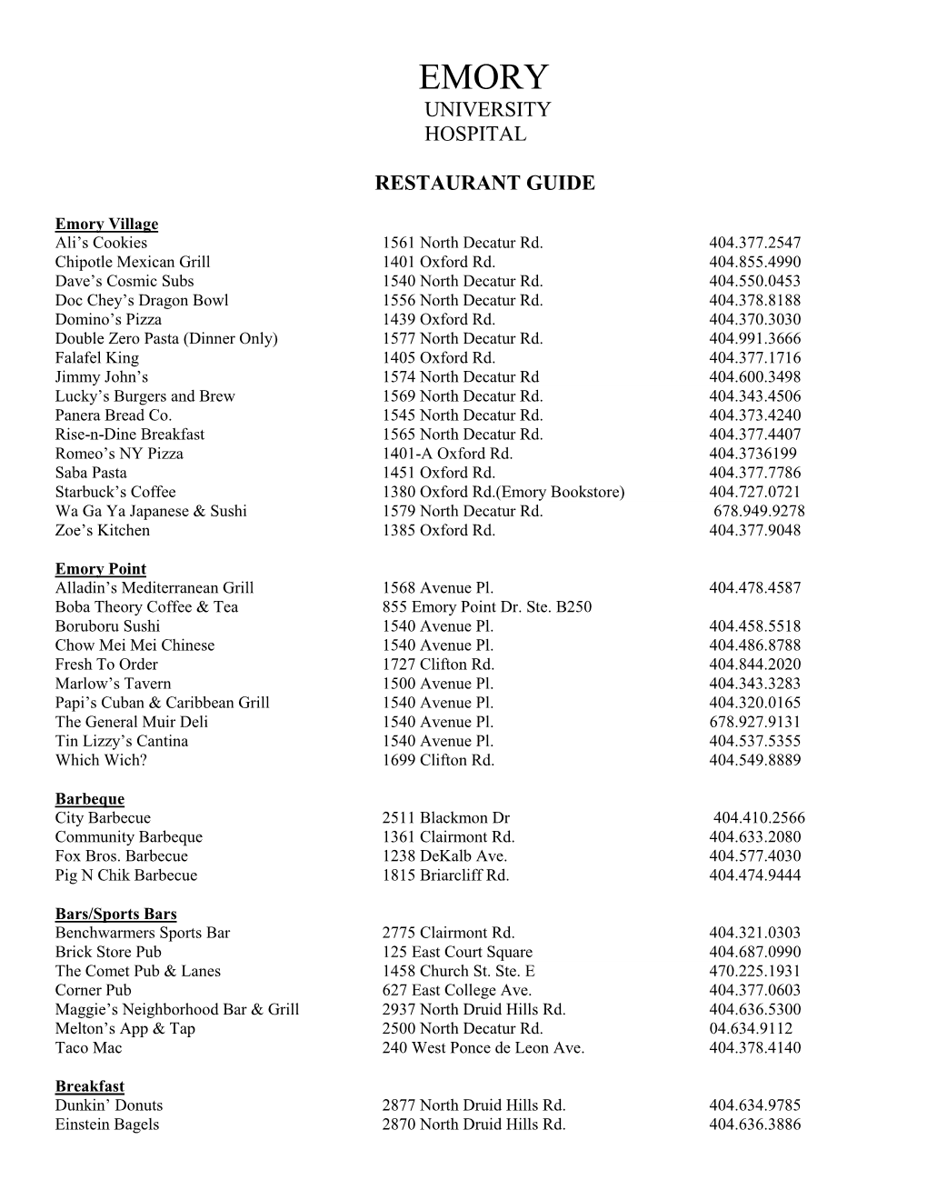 University Hospital Restaurant Guide