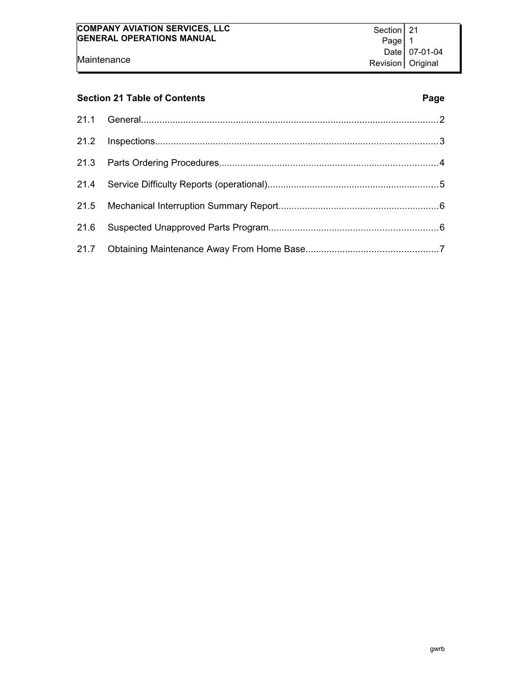 Section 21 Table of Contents Page