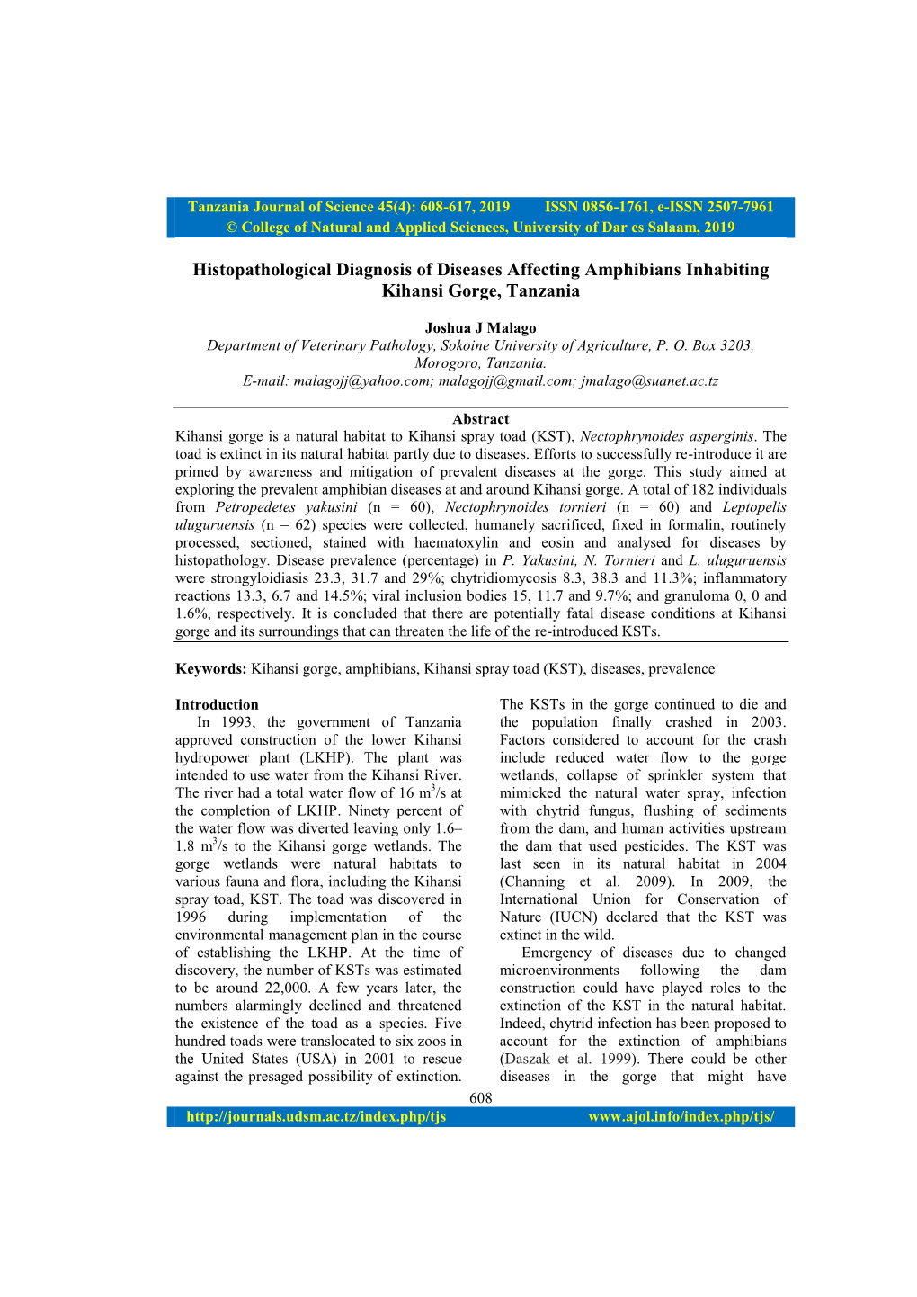 Histopathological Diagnosis of Diseases Affecting Amphibians Inhabiting Kihansi Gorge, Tanzania