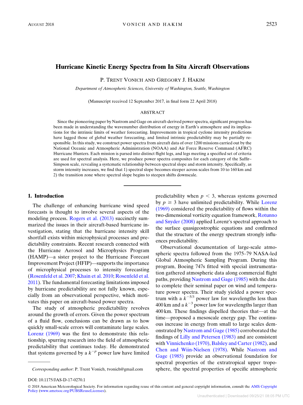 Downloaded 09/25/21 08:05 PM UTC 2524 JOURNAL of the ATMOSPHERIC SCIENCES VOLUME 75 Features, Such As Hurricanes, Remains an Open Question TABLE 1