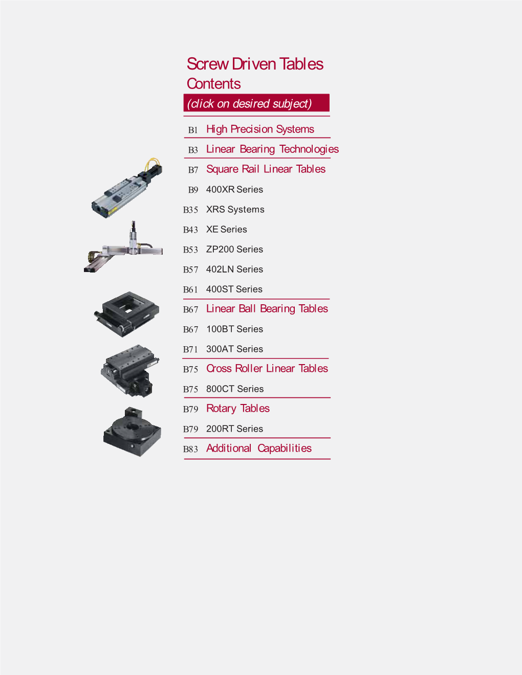 Screw Driven Tables Contents (Click on Desired Subject)