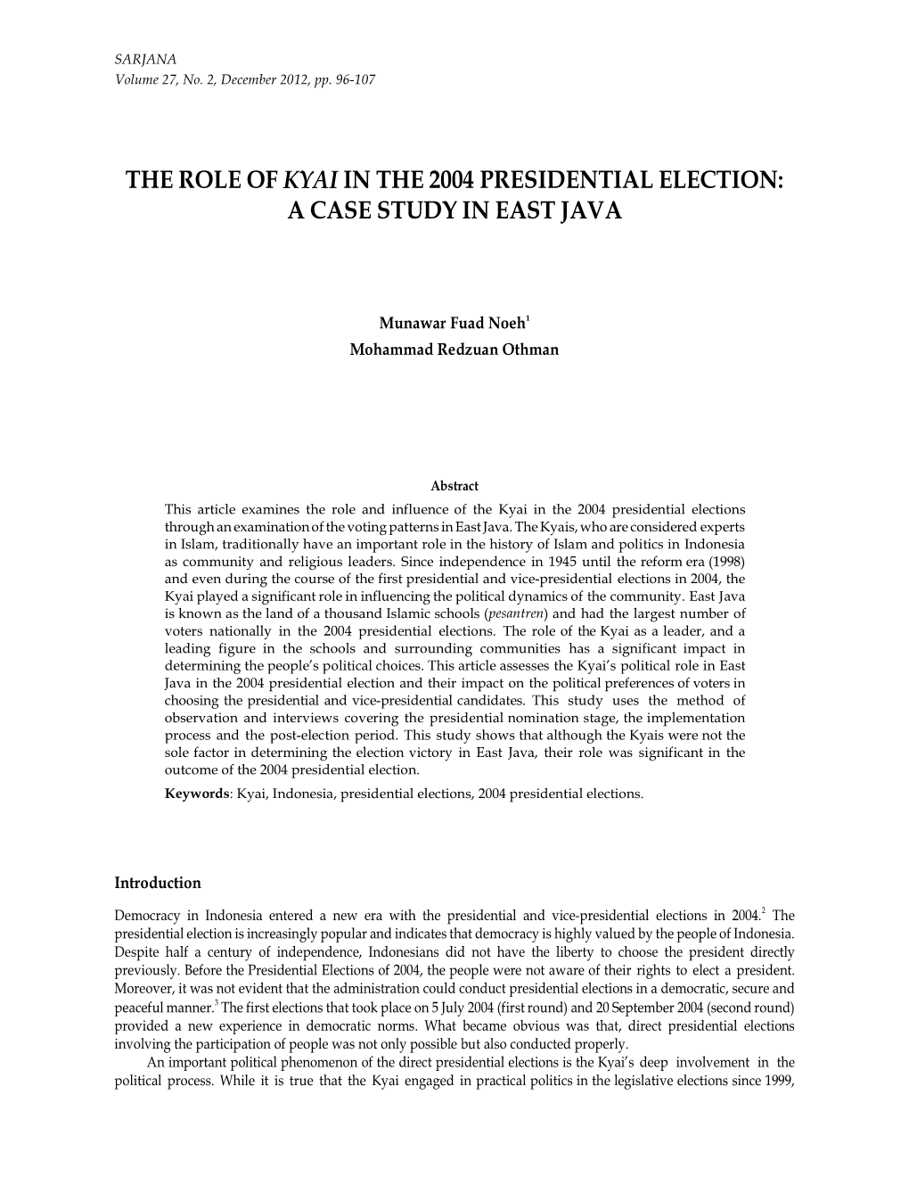 The Role of Kyai in the 2004 Presidential Election: a Case Study in East Java