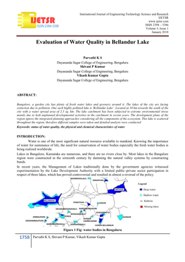Evaluation of Water Quality in Bellandur Lake