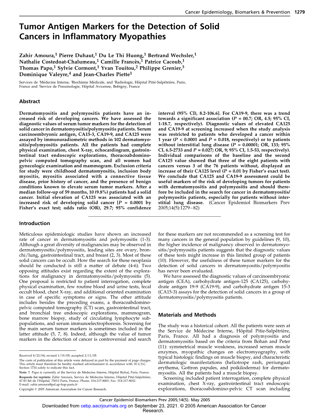 Tumor Antigen Markers for the Detection of Solid Cancers in Inflammatory Myopathies