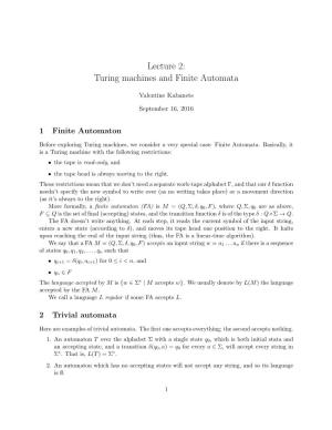 Lecture 2: Turing Machines and Finite Automata