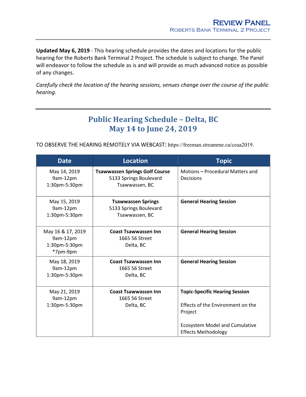 Preliminary Hearing Schedule June 11 to June 24, 2019