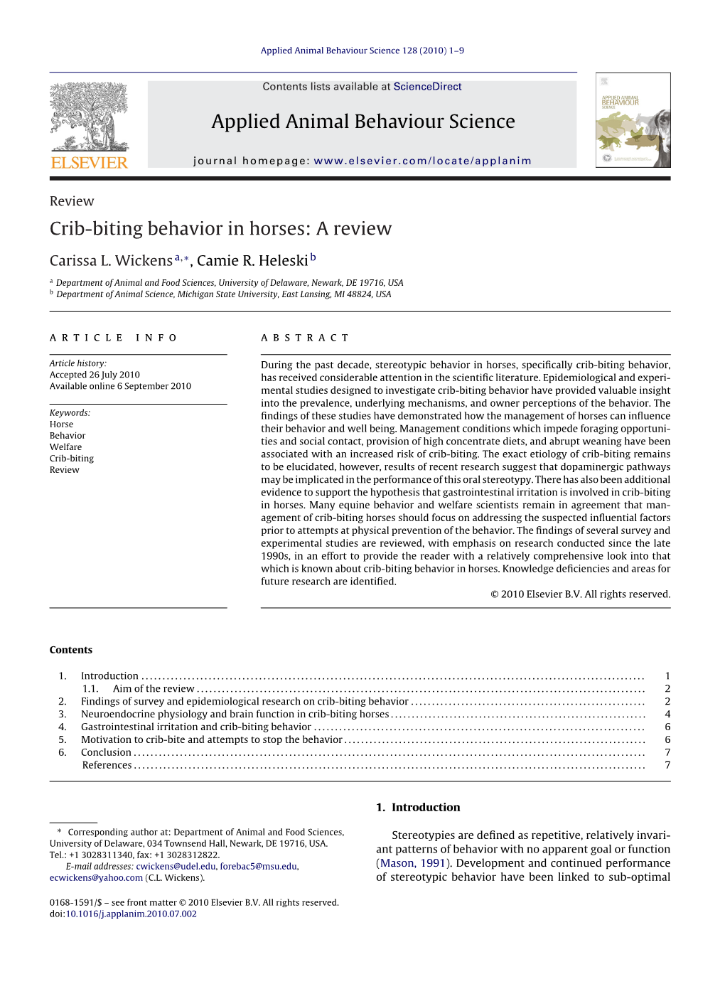 Wickens & Heleski (2010) Crib-Biting Behavior in Horses