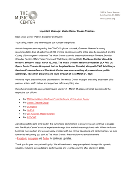 Important Message: Music Center Closes Theatres