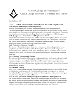 Ashlar College of Freemasonry Grand Lodge of British Columbia and Yukon