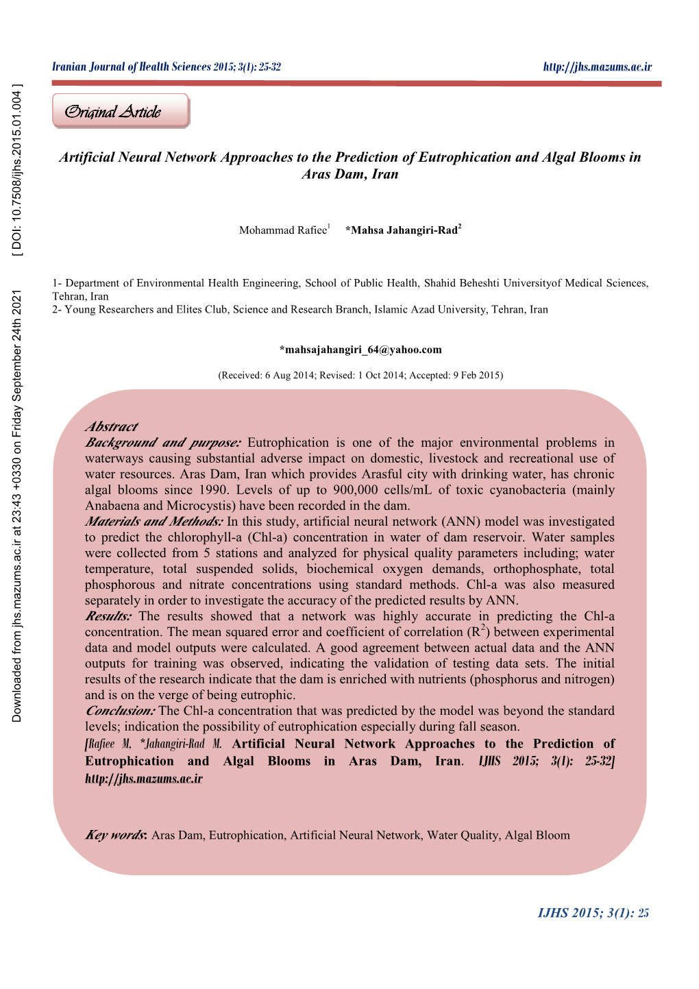 Artificial Neural Network Approaches to the Prediction of Eutrophication and Algal Blooms in Aras Dam, Iran