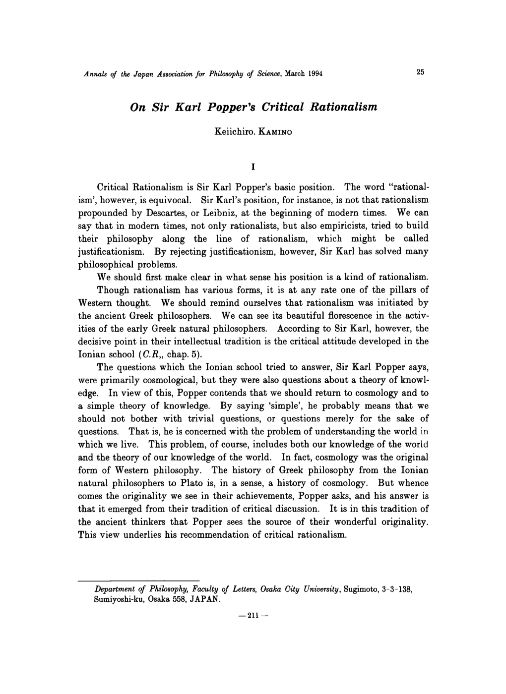 Critical Rationalism Is Sir Karl Popper's Basic Position