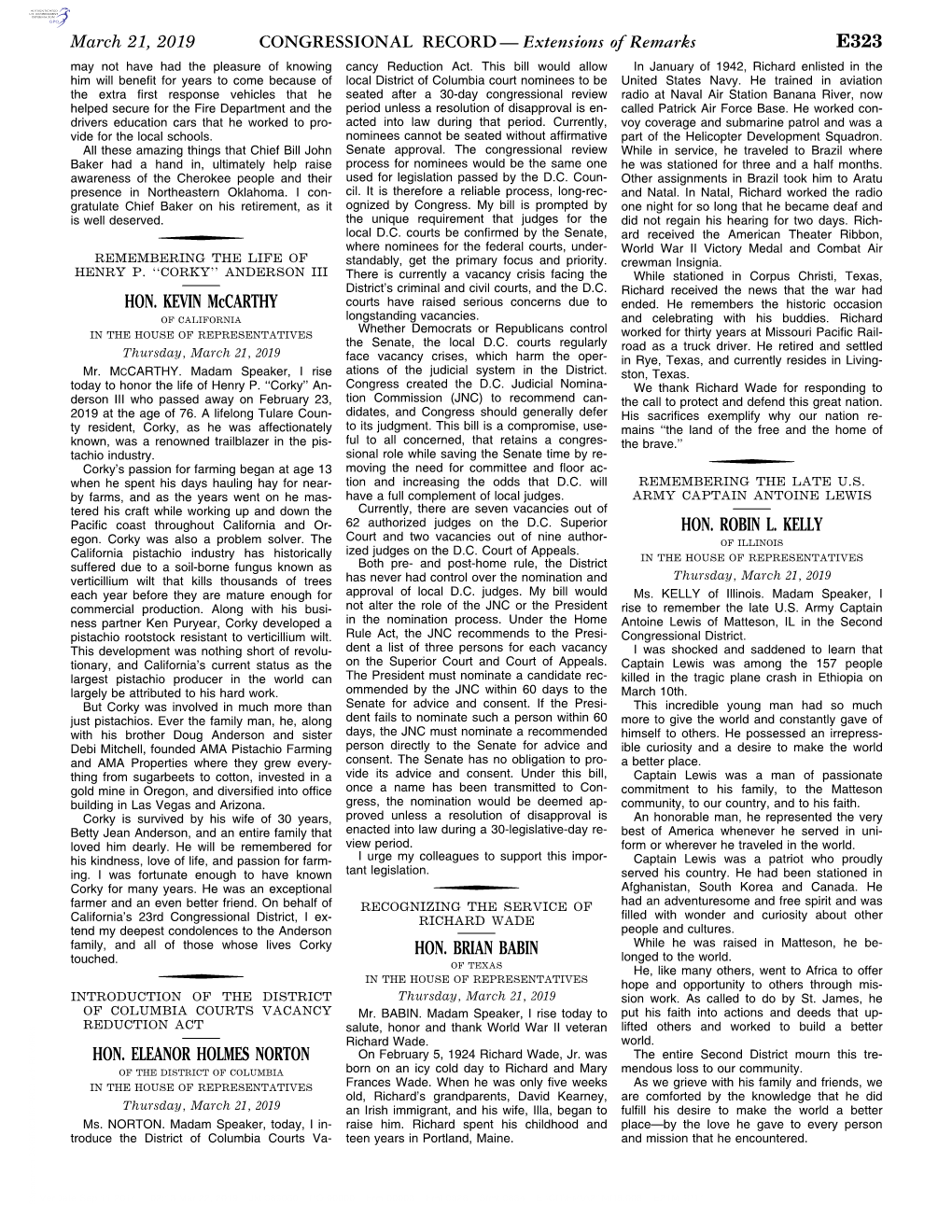 CONGRESSIONAL RECORD— Extensions of Remarks E323 HON