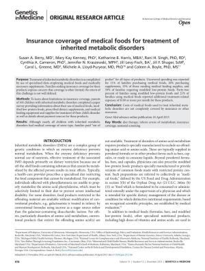Insurance Coverage of Medical Foods for Treatment of Inherited Metabolic Disorders