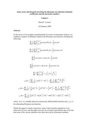 Some Series and Integrals Involving the Riemann Zeta Function, Binomial Coefficients and the Harmonic Numbers