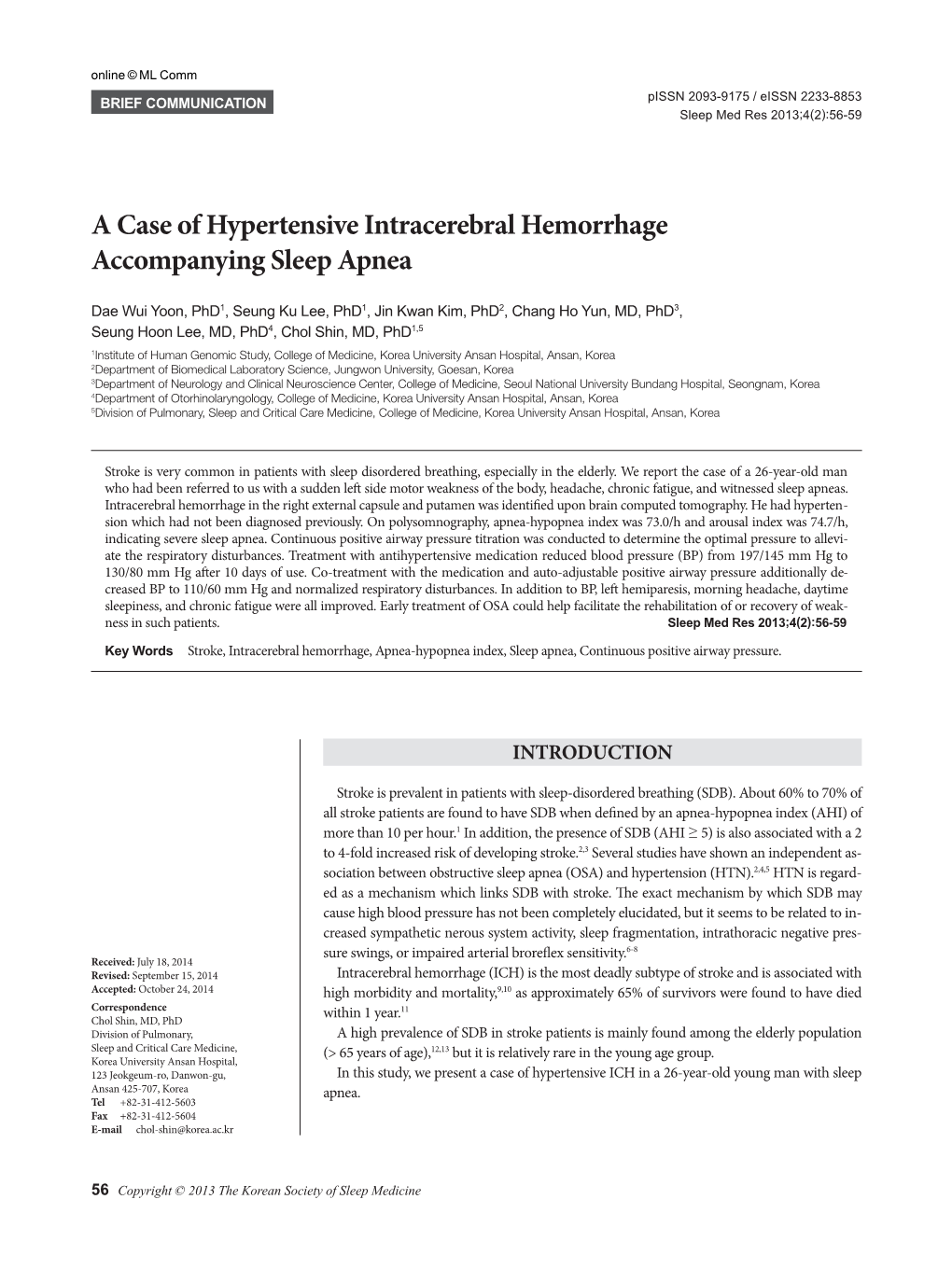 A Case of Hypertensive Intracerebral Hemorrhage Accompanying Sleep Apnea