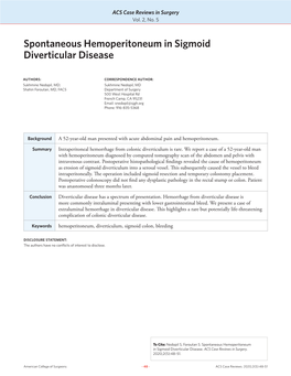 Spontaneous Hemoperitoneum in Sigmoid Diverticular Disease