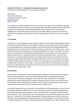 Auditing the Echonest – Investigations to Gauge Output Accuracy Submission for Auditing Algorithms from the Outside at ICWSM-15