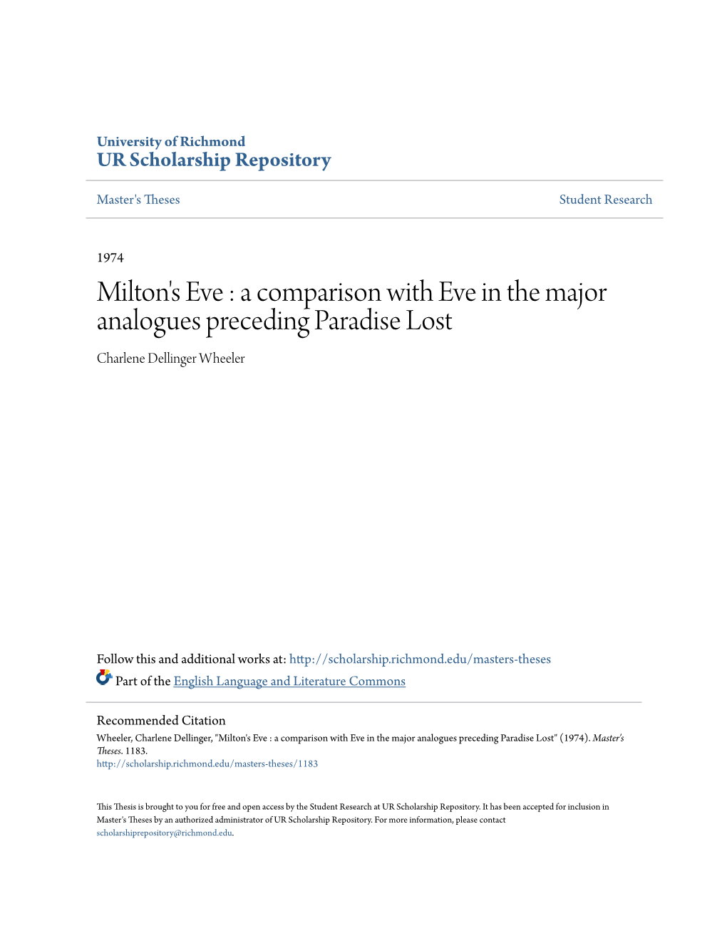 Milton's Eve : a Comparison with Eve in the Major Analogues Preceding Paradise Lost Charlene Dellinger Wheeler