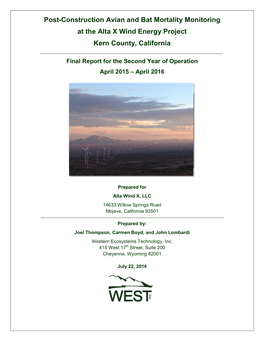 Post-Construction Avian and Bat Mortality Monitoring at the Alta X Wind Energy Project Kern County, California