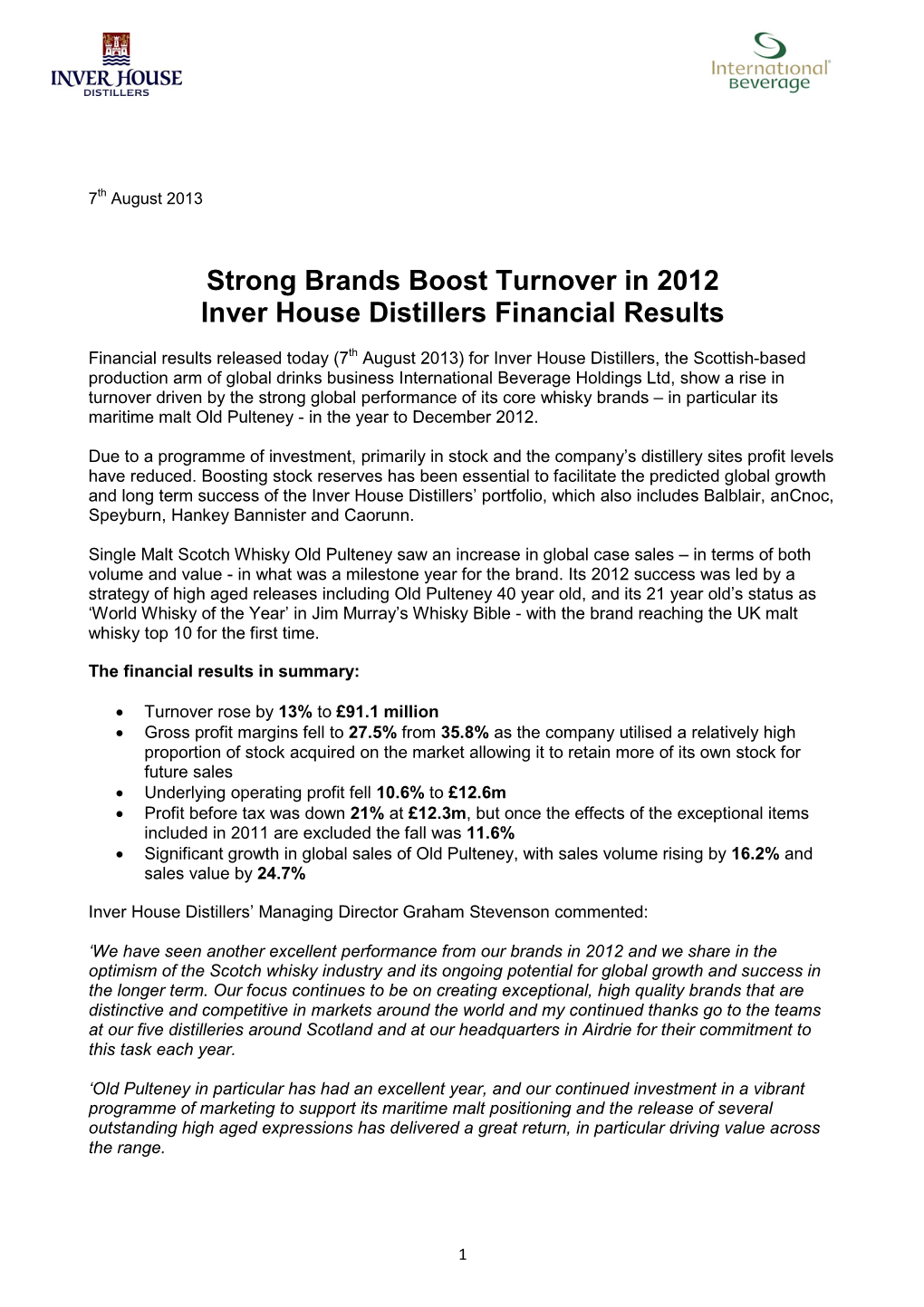 Strong Brands Boost Turnover in 2012 Inver House Distillers Financial Results