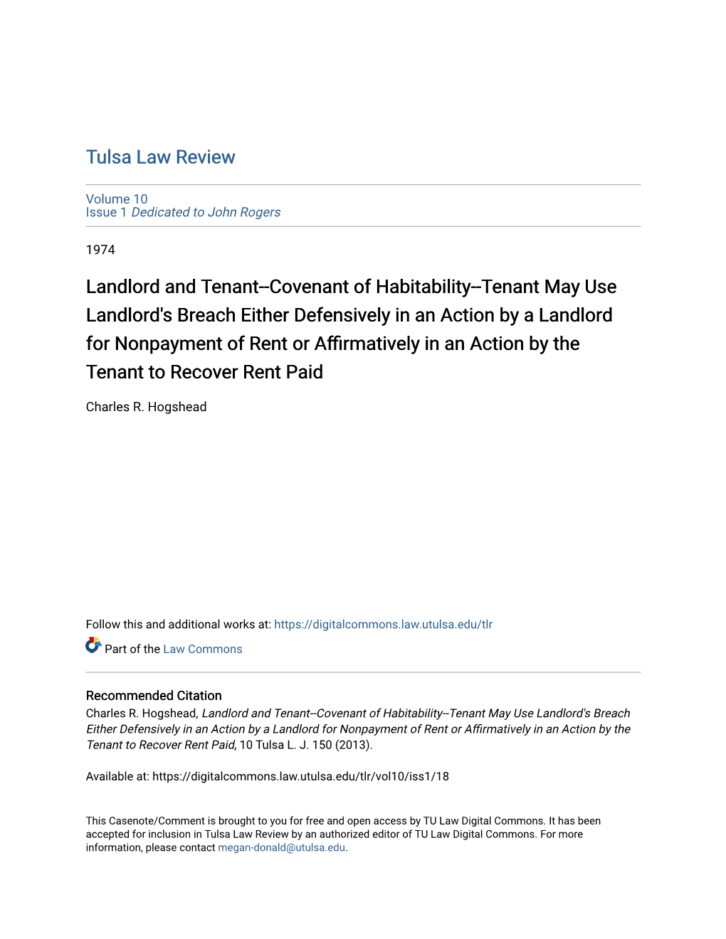 Landlord and Tenant--Covenant of Habitability--Tenant May Use