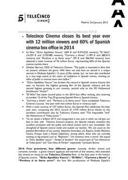 Telecinco Cinema Closes Its Best Year Ever with 12 Million Viewers and 60% of Spanish