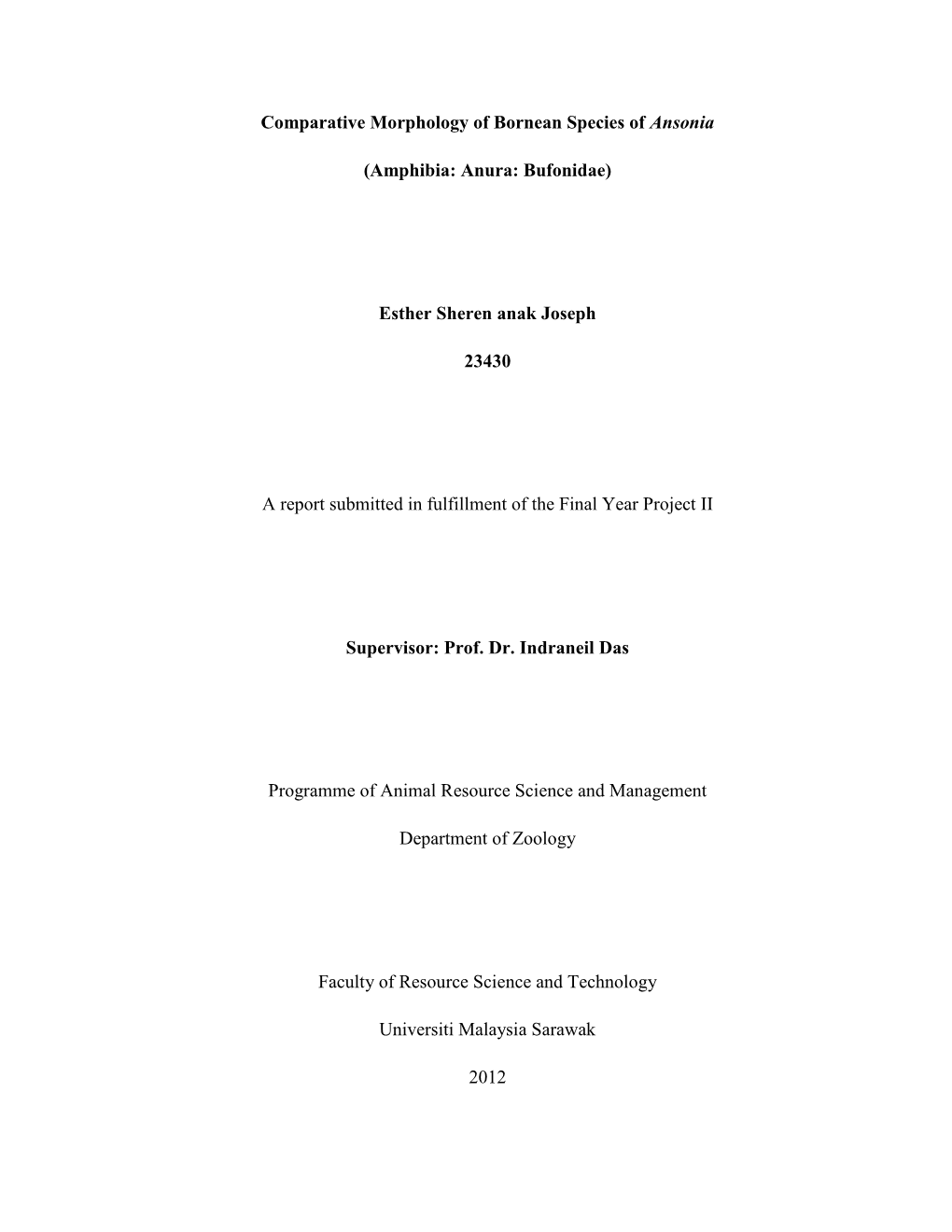 Comparative Morphology of Bornean Species of Ansonia (Amphibia