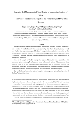 Integrated Risk Management of Flood Disaster in Metropolitan Regions of China∗ ----To Balance Flood Disaster Magnitude and Vulnerability in Metropolitan Regions