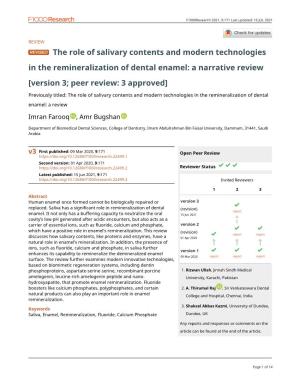 The Role of Salivary Contents and Modern Technologies in the Remineralization of Dental Enamel: a Narrative Review [Version 3; Peer Review: 3 Approved]
