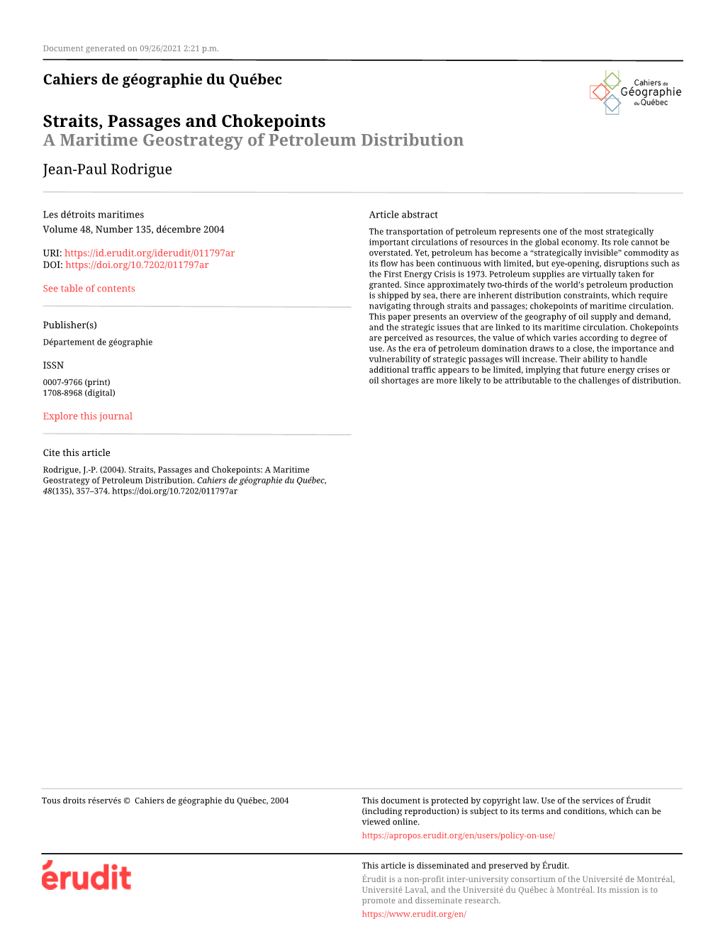 A Maritime Geostrategy of Petroleum Distribution Jean-Paul Rodrigue