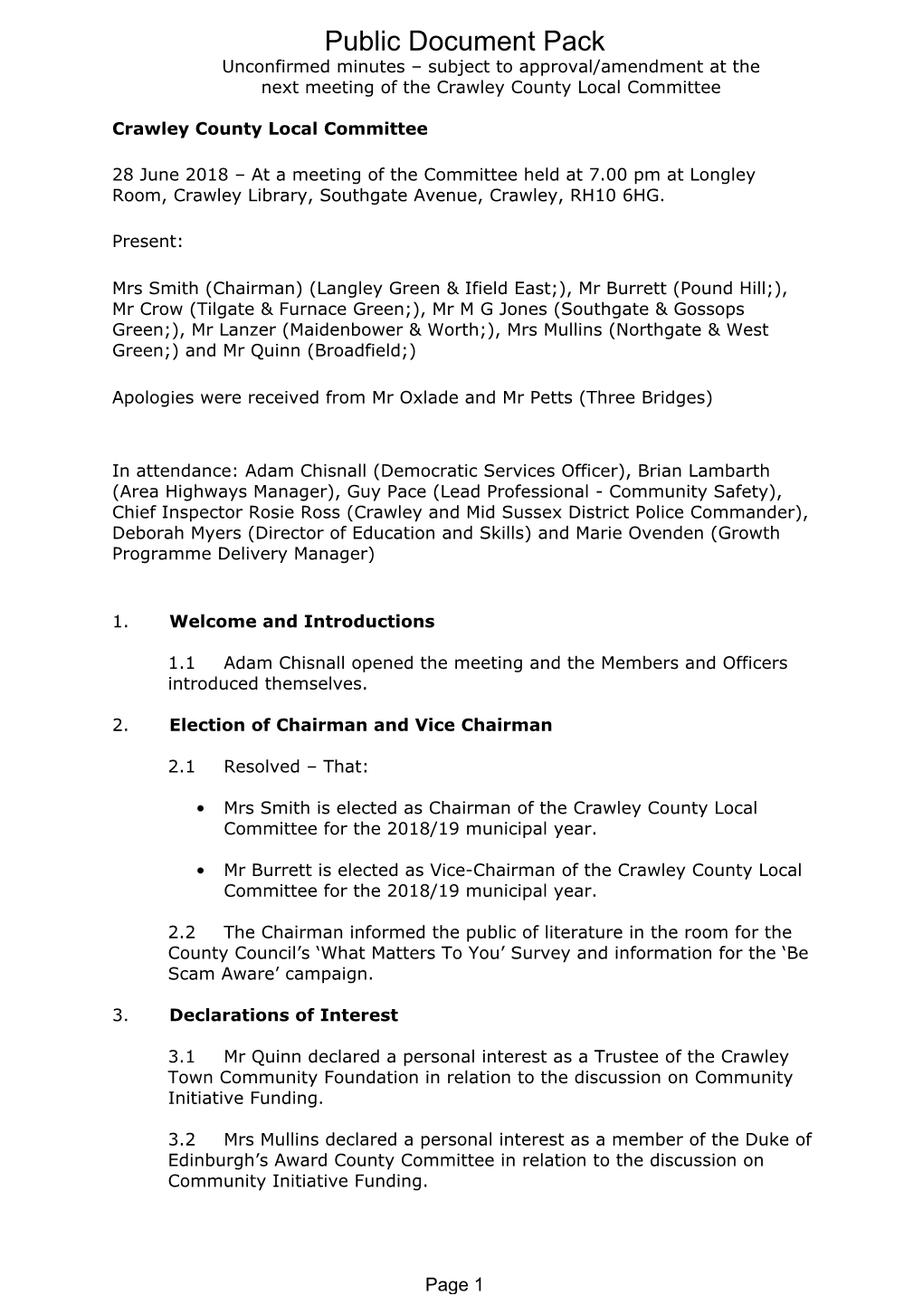 Minutes Document for Crawley County Local Committee, 28/06/2018 19:00