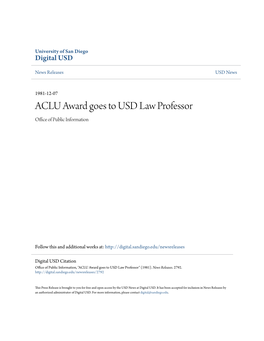 ACLU Award Goes to USD Law Professor Office of Publicnfor I Mation