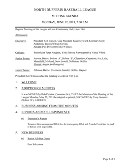 North Dufferin Baseball League Meeting Minutes June 17, 2013