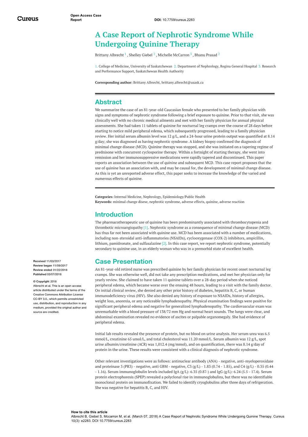 A Case Report of Nephrotic Syndrome While Undergoing Quinine Therapy