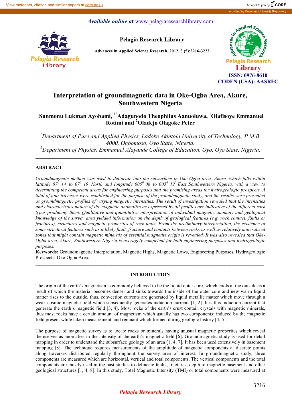 Interpretation of Groundmagnetic Data in Oke-Ogba Area, Akure, Southwestern Nigeria