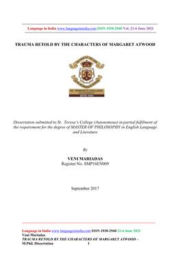 TRAUMA RETOLD by the CHARACTERS of MARGARET ATWOOD Dissertation Submitted to St. Teresa's College (Autonomous) in Partial