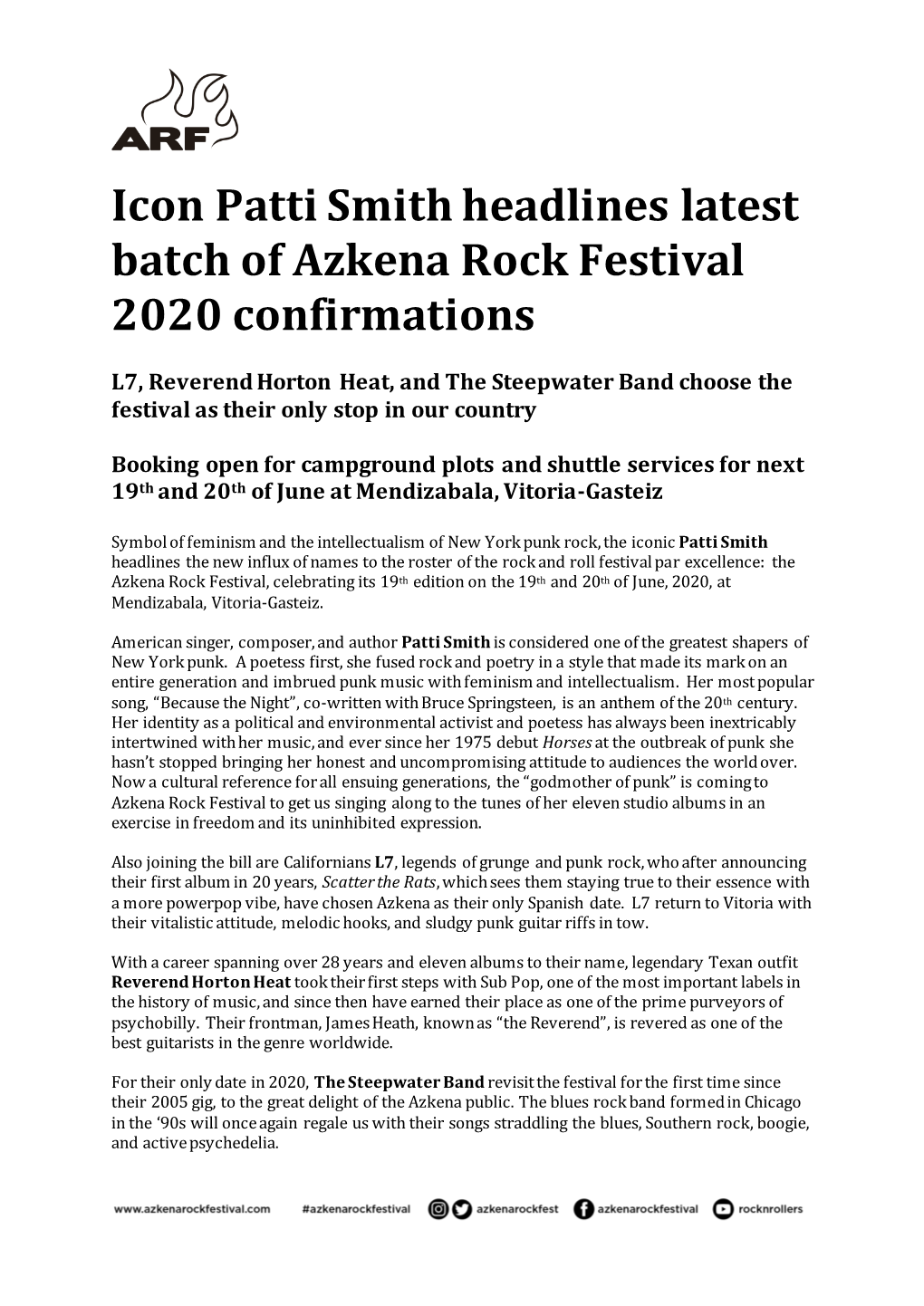 Icon Patti Smith Headlines Latest Batch of Azkena Rock Festival 2020