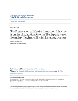 The Preservation of Effective Instructional Practices in an Era of Education Reform: the Experiences of Exemplary Teachers of English Language Learners