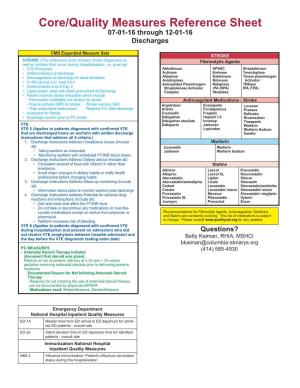 Core/Quality Measures Reference Sheet 07-01-16 Through 12-01-16 Discharges
