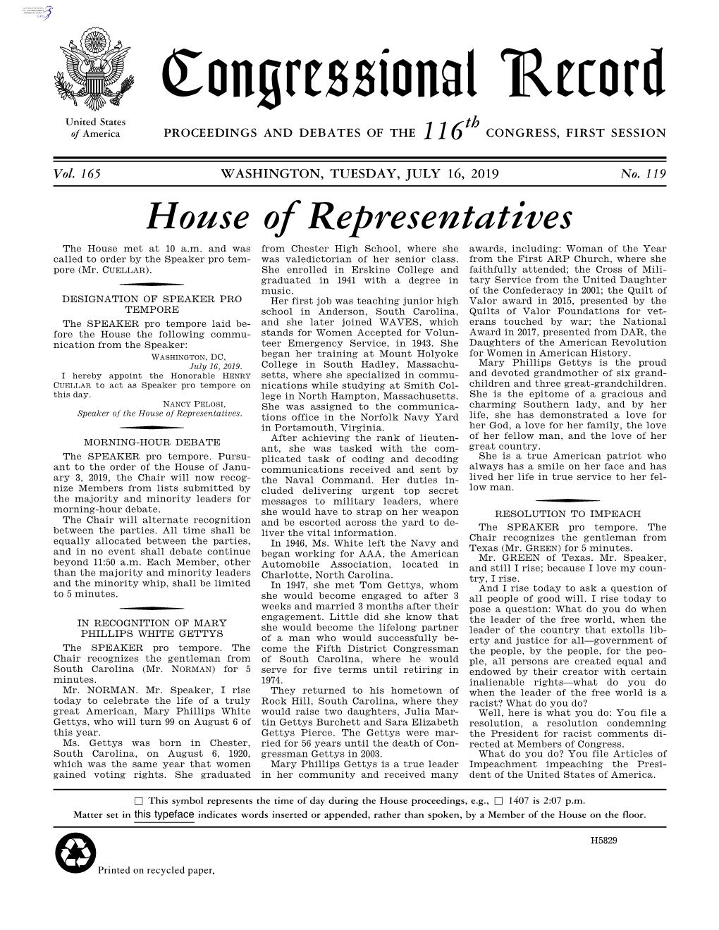 Congressional Record United States Th of America PROCEEDINGS and DEBATES of the 116 CONGRESS, FIRST SESSION