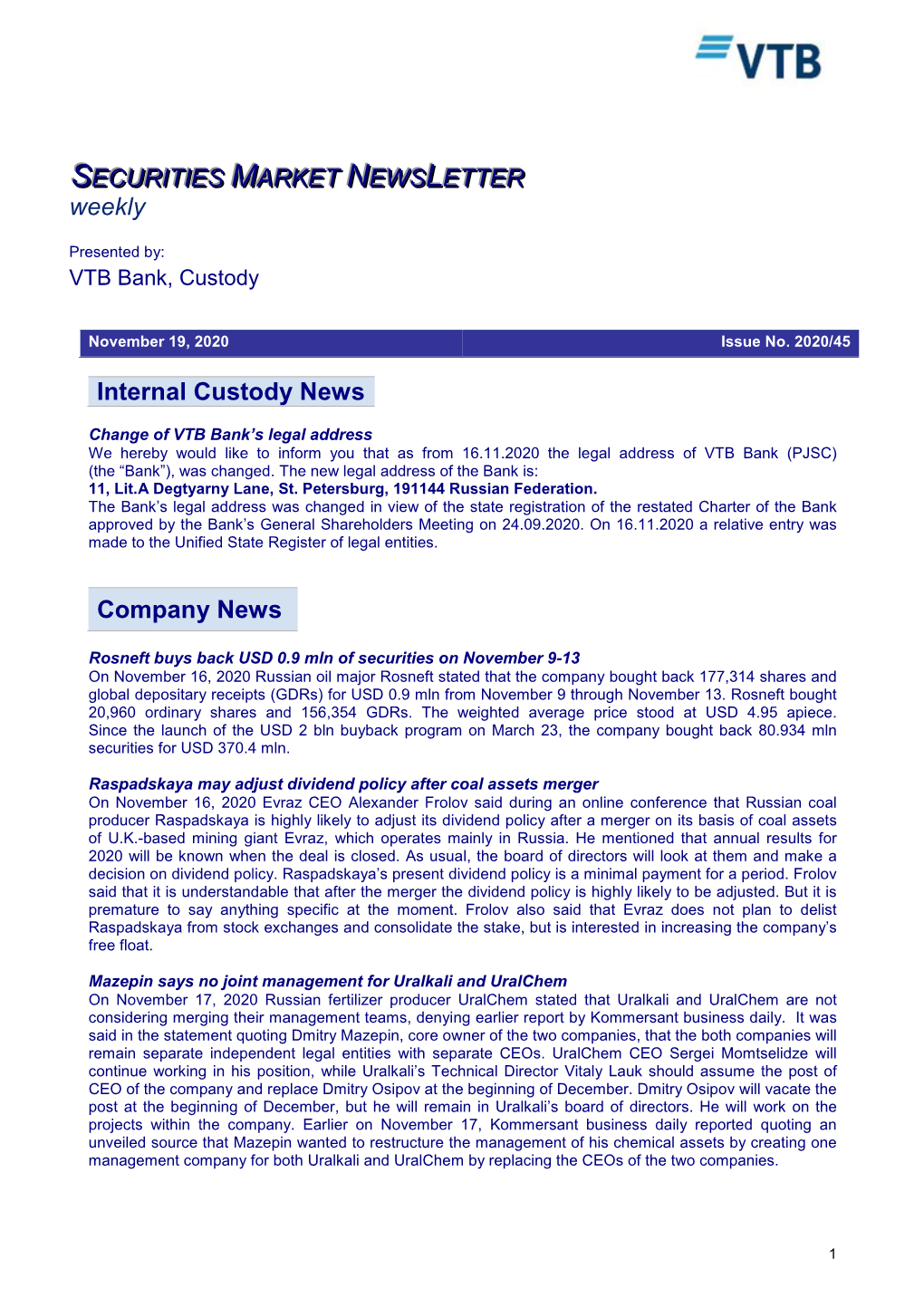 Internal Custody News Company News SECURITIES MARKET